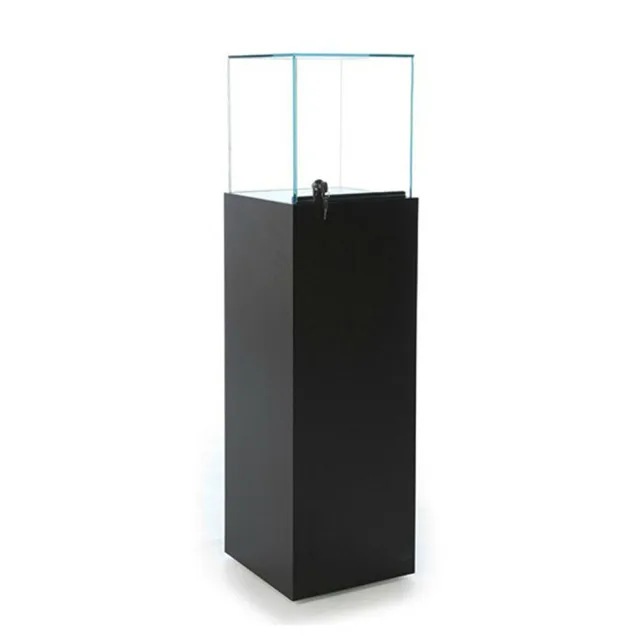 Wooden Pedestal Display with Transparent Glass Top Cover Black Edition - MX-PTAB167